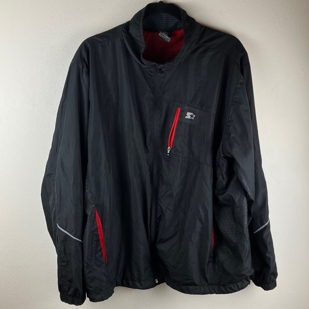 Starter Windbreaker XL Black Red lining Mesh-Vented Back-One Zip Front Pocket